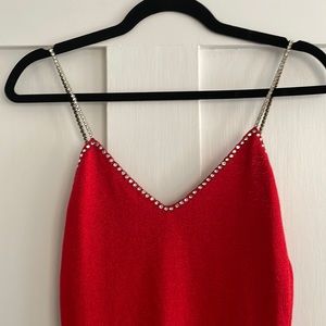 St. John Vintage, red, rhinestone straps evening dress. Good used condition.